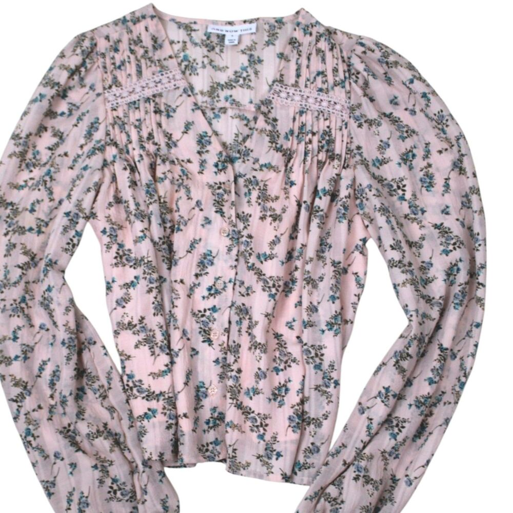 And Now This Pink Floral Cottagecore Peasant Blouse Romantic Boho Lace Top Sm - Picture 5 of 7
